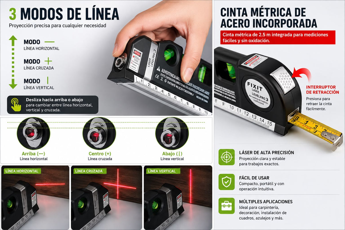 NIVEL LÁSER MULTIUSOS 3 EN 1 CON CINTA MÉTRICA